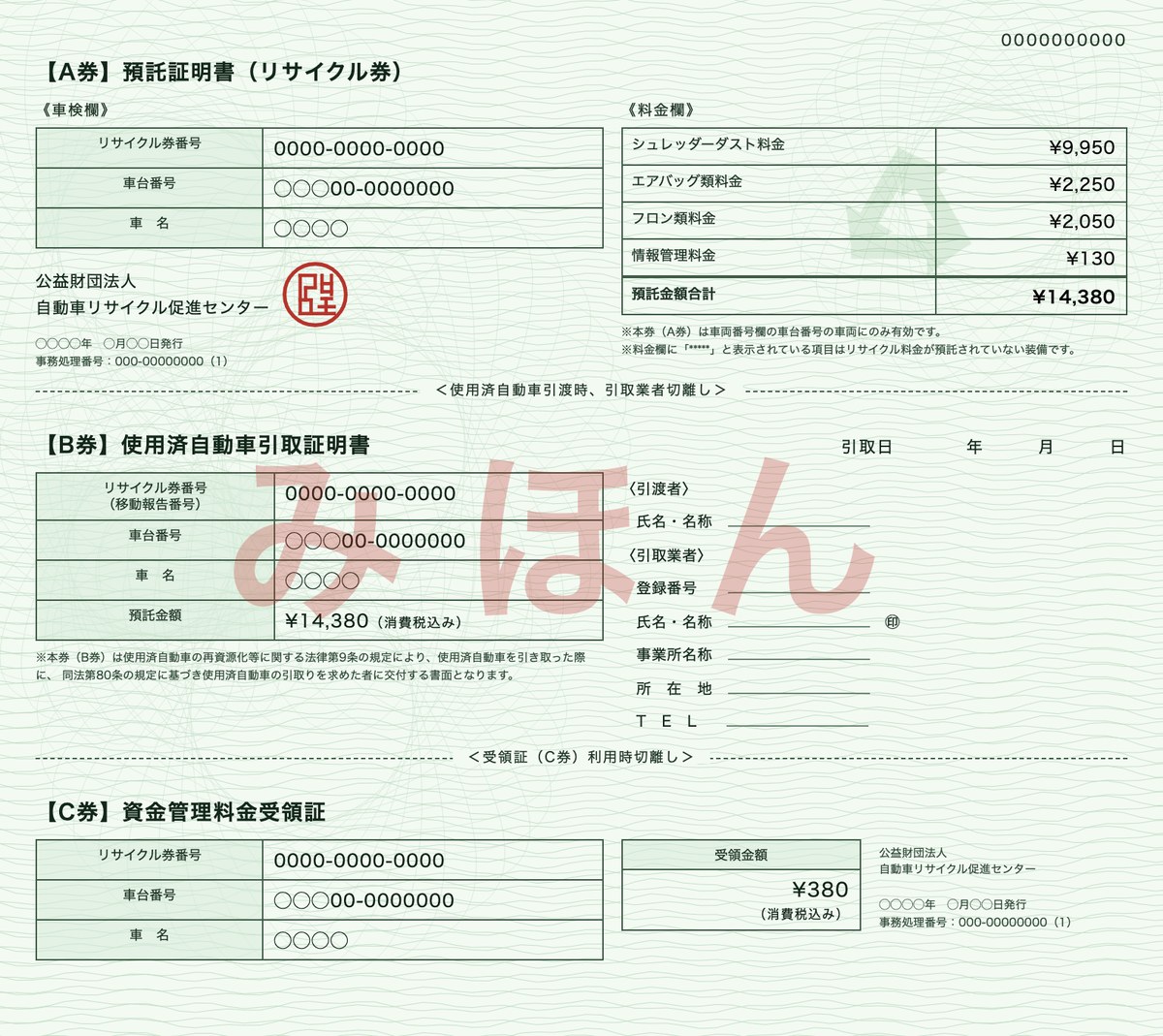 自動車リサイクル券の見本。A券（預託証明書）・B券（使用済自動車引取証明書）・C券（資金管理料金受領証）の3枚構成